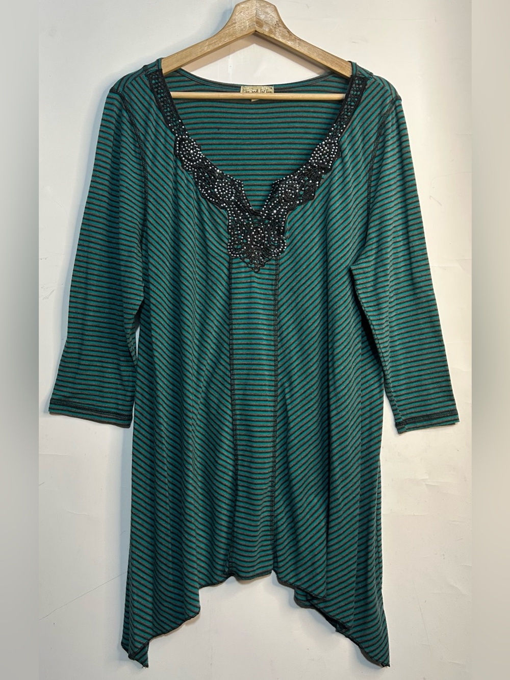 Live and Let Live Teal Striped Asymmetrical Hem Beaded Collar Blouse 1X